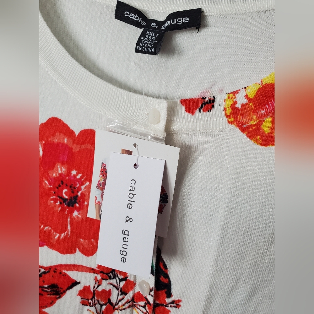 Womens XXL Cable & Gauge Floral Cardigan - White and Red - Picture 4 of 11